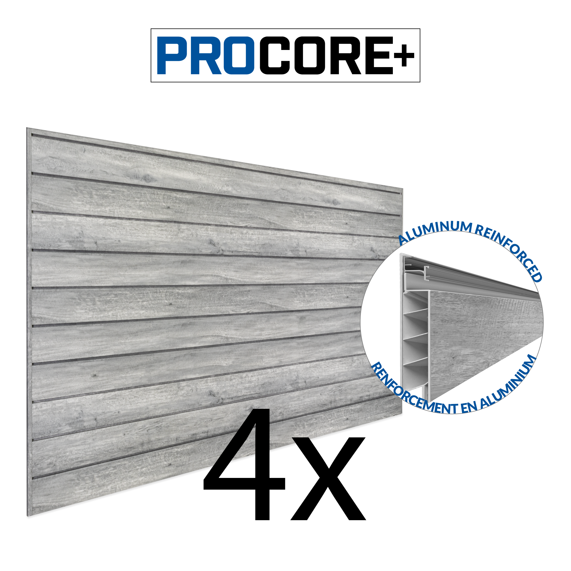 4 ft.  x 8 ft. PROCORE+ Gray Wood PVC Slatwall – 4 Pack 128 sq ft