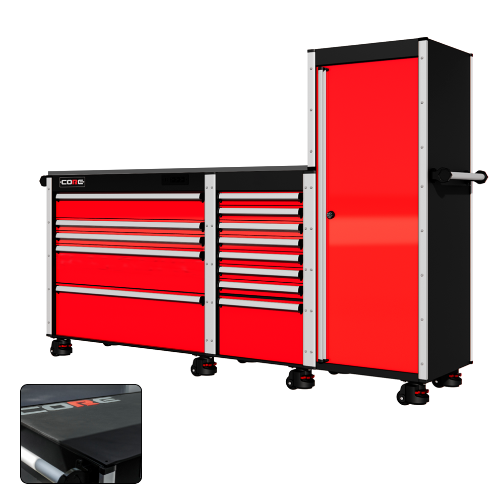 88 Series - 13 Drawers with Tall Locker - Silver Handles - Foot Casters
