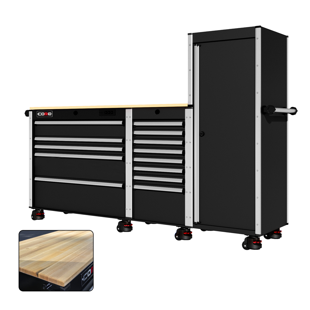 88 Series - 13 Drawers with Tall Locker - Silver Handles - Foot Casters