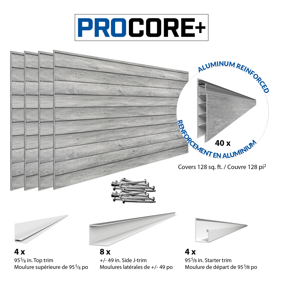 4 ft.  x 8 ft. PROCORE+ Gray Wood PVC Slatwall – 4 Pack 128 sq ft