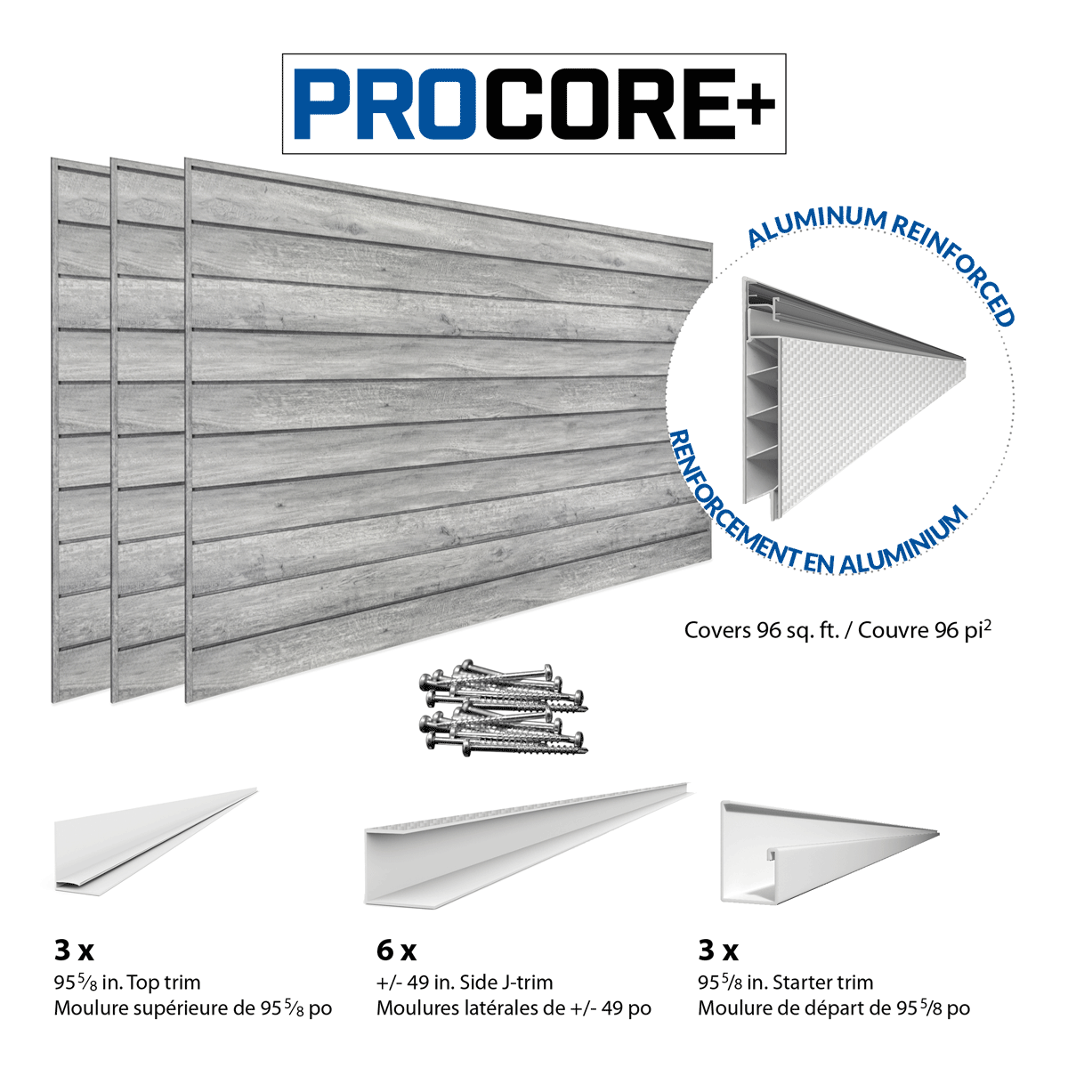 PROCORE+ Panneaux au fini bois gris – Ensemble de 3 – 96 pieds carrés