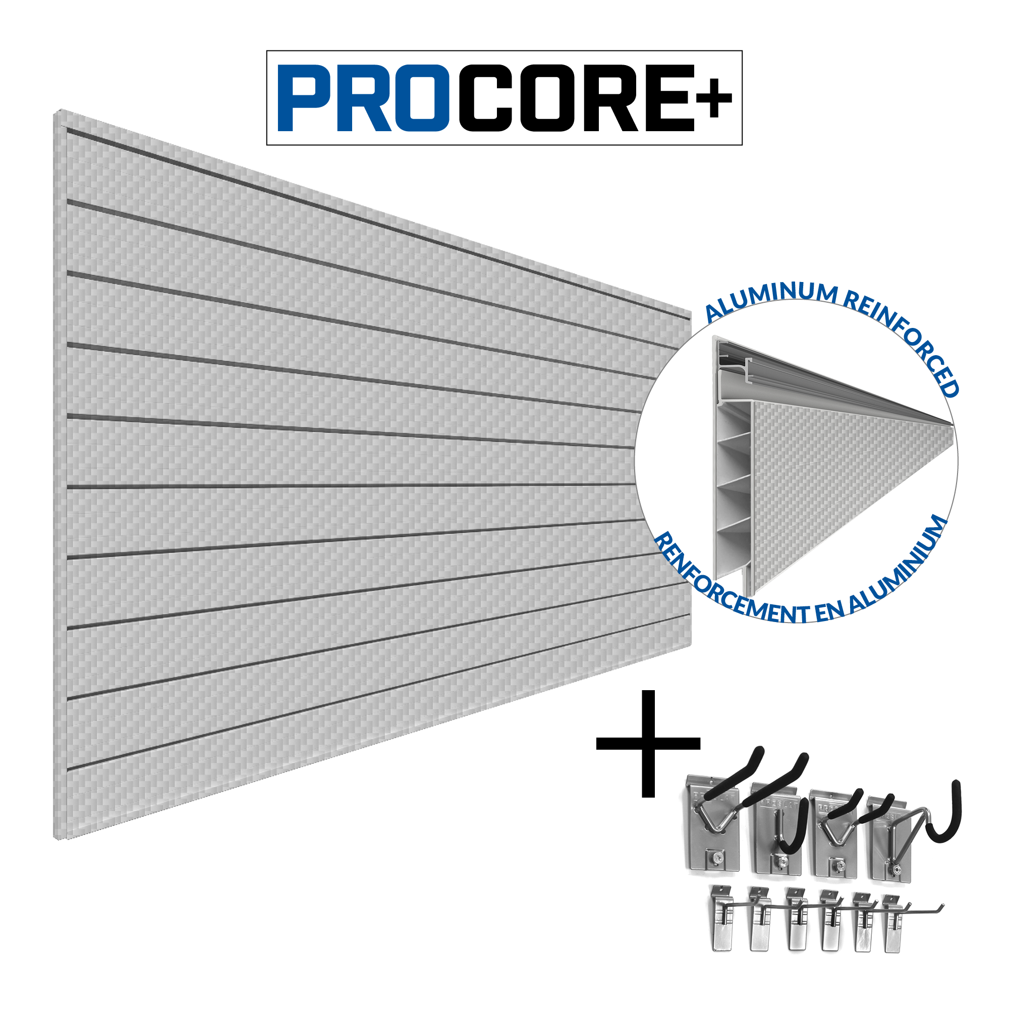 PROCORE+ Panneaux en PVC avec 10 crochets – Fibre de carbone grise argentée