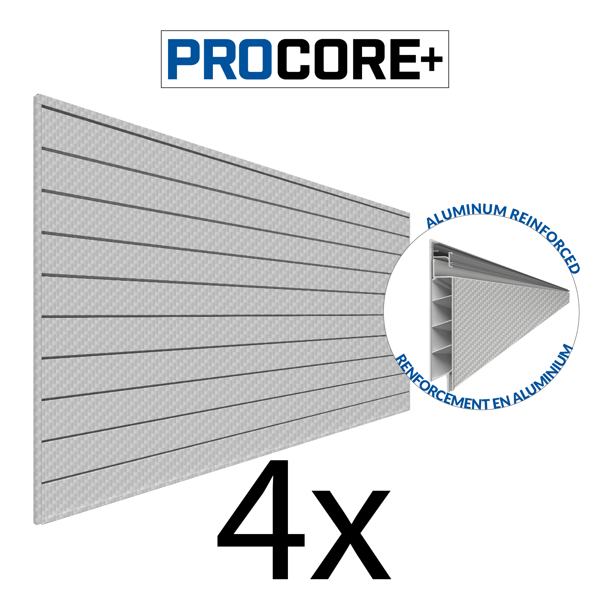 PROCORE+ Panneaux en PVC fibre de carbone grise argentée de 4 pi x 8 pi – Ensemble de 4 – 128 pieds carrés