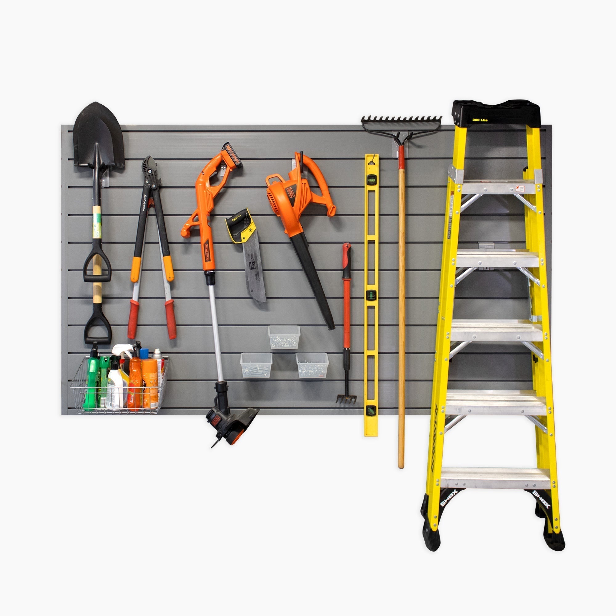 Best Slatwall garage storage system. Durable PVC. Strong Slatwall with a lifetime warranty. 4x8 ft Slatwall Section. Light Gray Slatwall. Light Gray Slat board . Perfect for garage tool storage. Garage wall organization. Snow blower hook. Garden tool storage. Shed storage. ladder storage. Ladder organization.