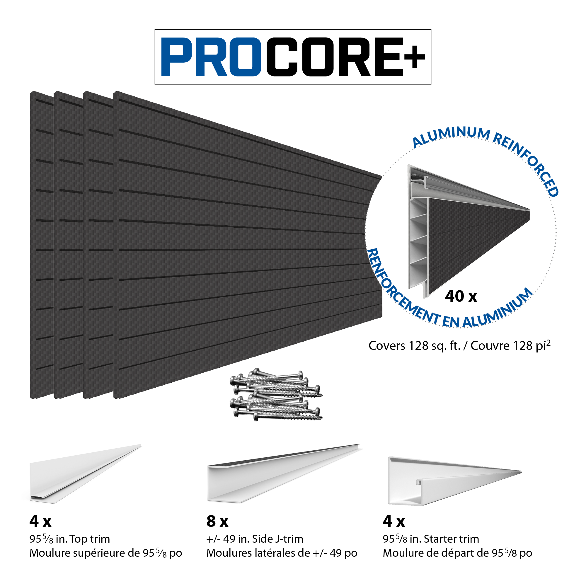 PROCORE+ Panneaux en PVC fibre de carbone noire de 4 pi x 8 pi – Ensemble de 4 – 128 pieds carrés