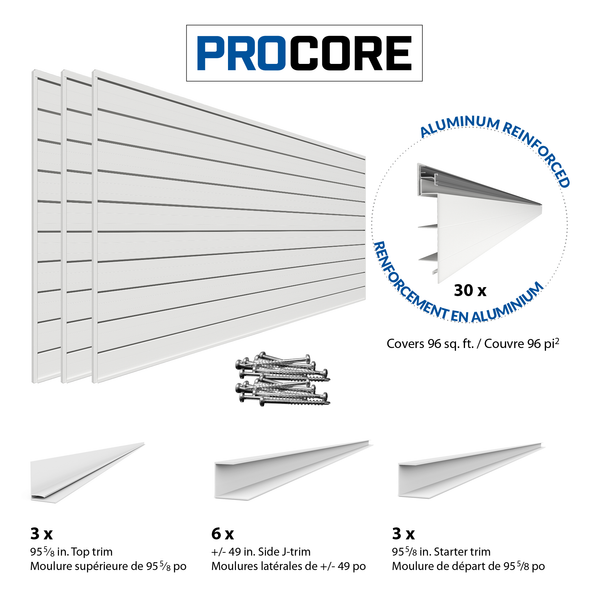 8 ft.  x 4 ft. PROCORE PVC Slatwall White - 3 Pack 96 sq ft