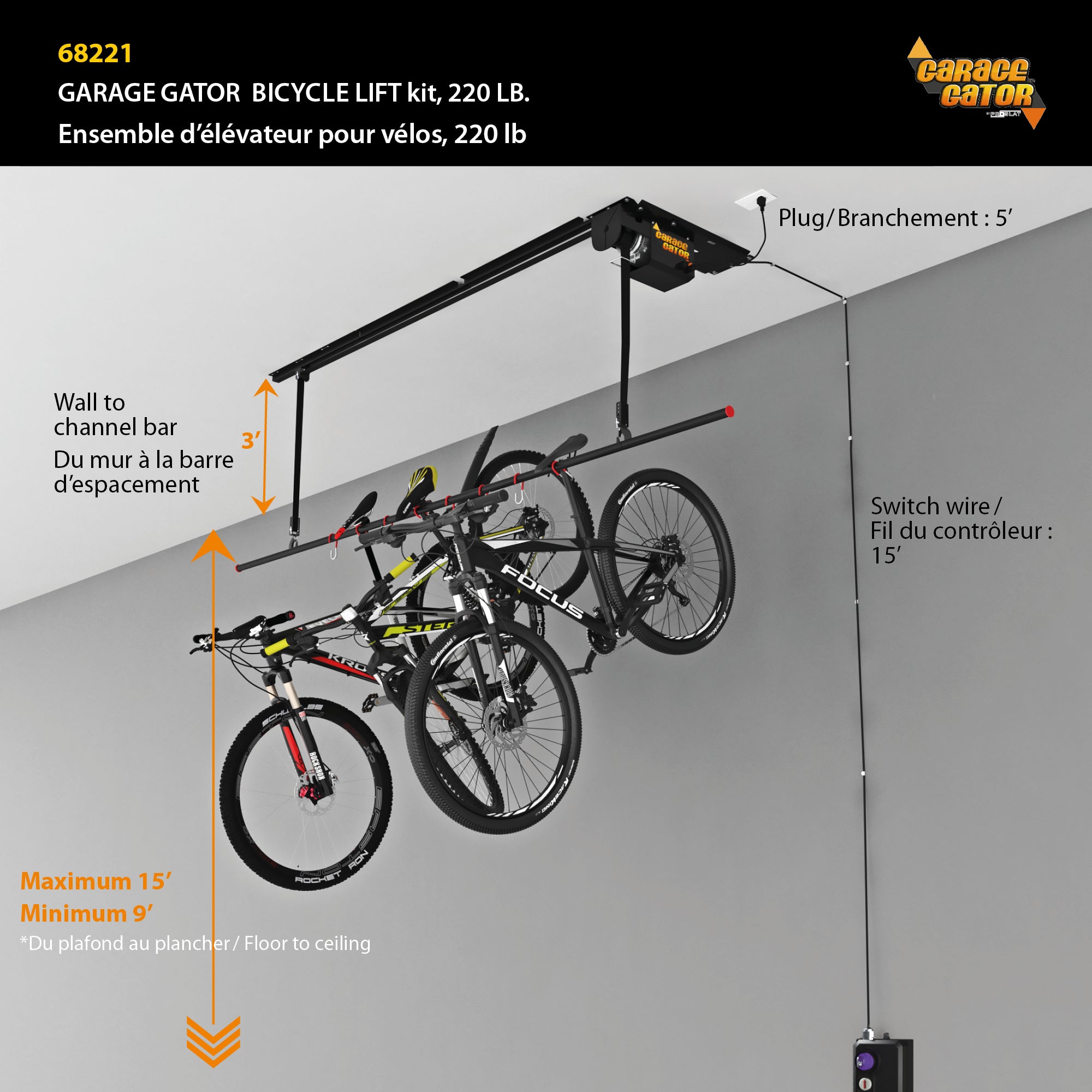 Garage Gator — Ensemble d'élévateur pour 6 à 8 vélos (220 lb)